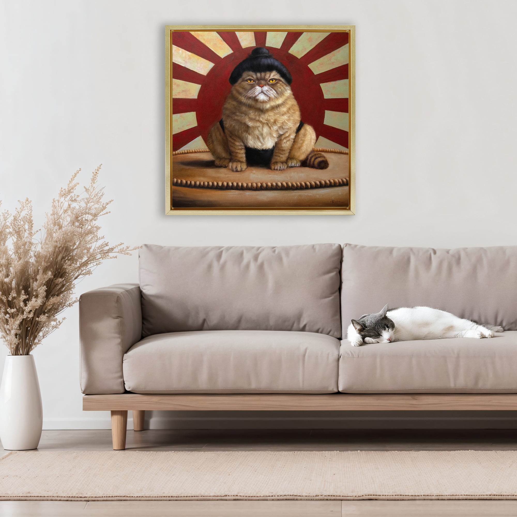 Stupell Industries Sumo Cat with Sun Rays Gold Framed Floater Canvas Wall Art, design by Lucia Heffernan