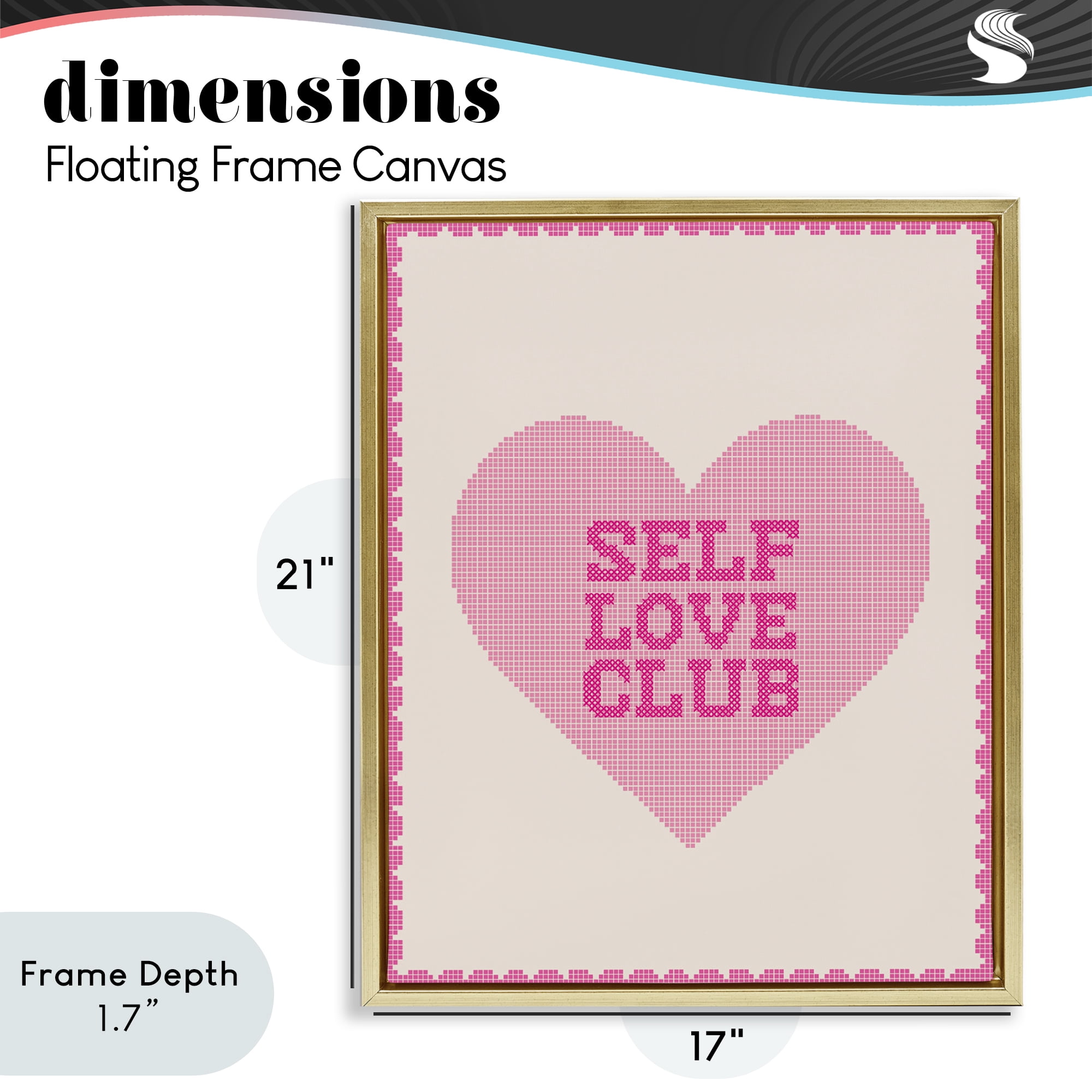 Stupell Industries Self Love Club Pixel Heart Gold Framed Floater Canvas Wall Art, design by Lil' Rue