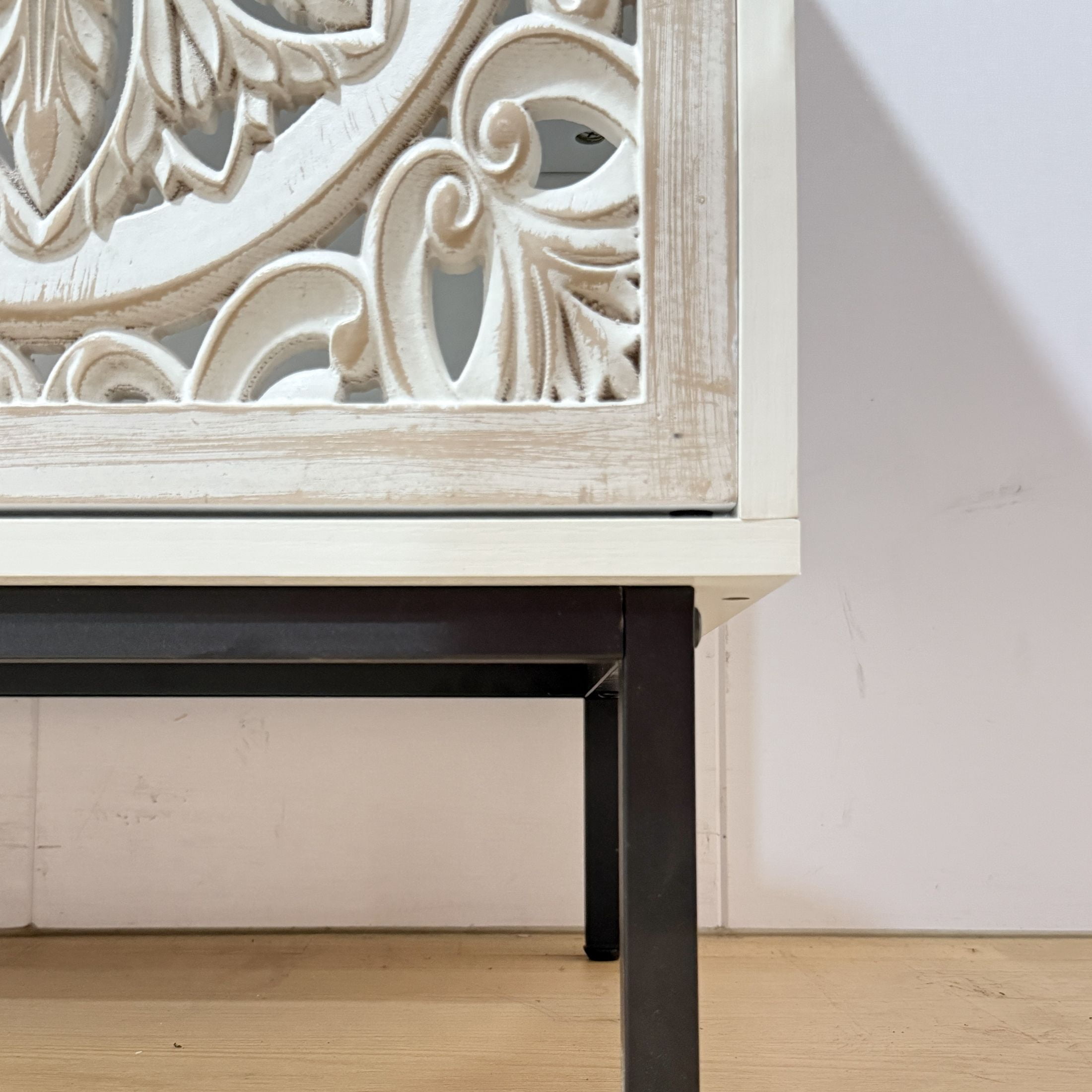 Noble House Udolf 58.6" Hollow-Carved Accent Storage Buffet Cabinet, Handcrafted Wooden Sideboard, Distressed White