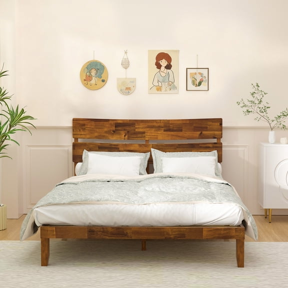 Joywind Wood Queen Bed Frame with Headboard, Wooden Platform Bed Frame Queen Size