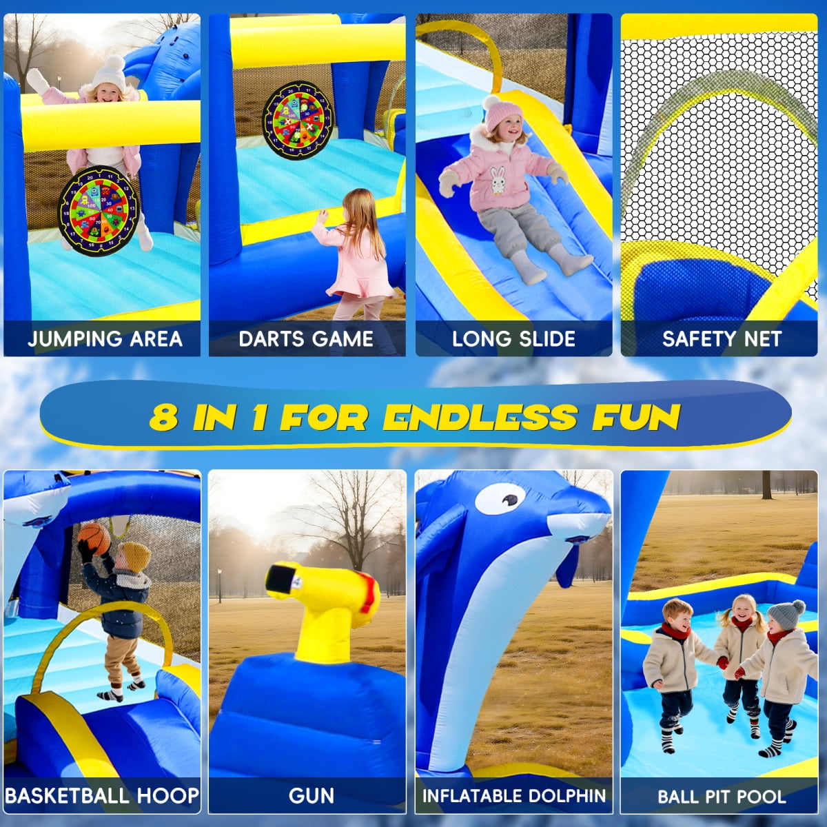Inflatable Bounce House Water Park and Slide for Kids Ages 8-12,Blow Up Water Slides for Backyard,Outdoor Bounce House with Dual Slides,Air Blower Included,Deep Pool,227 * 162 * 82