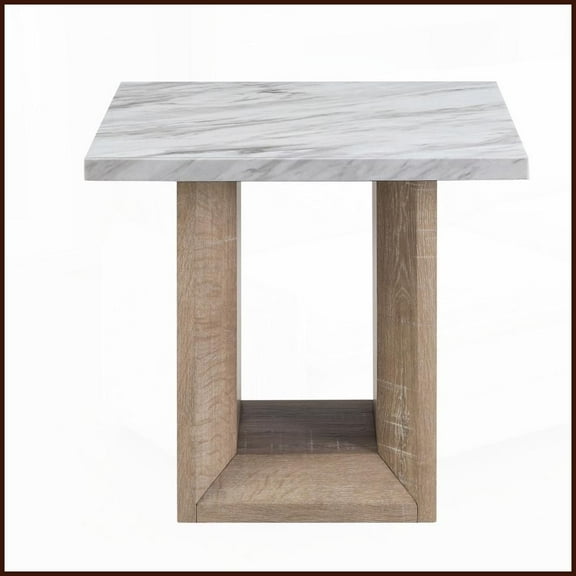 Gregory Contemporary Marble Coffee Table with Light Brown Wood Finish, Easy-Clean & Stable Pedestal Base