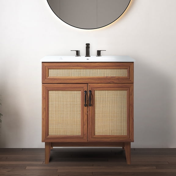 JONATHAN Y Javer 30 in. W x 18 in. D x 33 in. H, Rattan 2-Shelf, Bath Vanity Cabinet ONLY, Walnut, VAN1010B