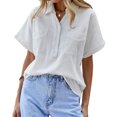 thumbnail image 1 of Blusa de manga corta con cuello vuelto para mujer, blusa informal con botones y cuello en V de Color liso con bolsillos, 1 of 6