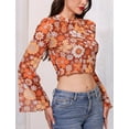 thumbnail image 2 of IDOPIP Bell Sleeve Tops for women Lettuce Trim Mock Neck Floral Mesh Top Crop T Shirt S-XL, 2 of 10