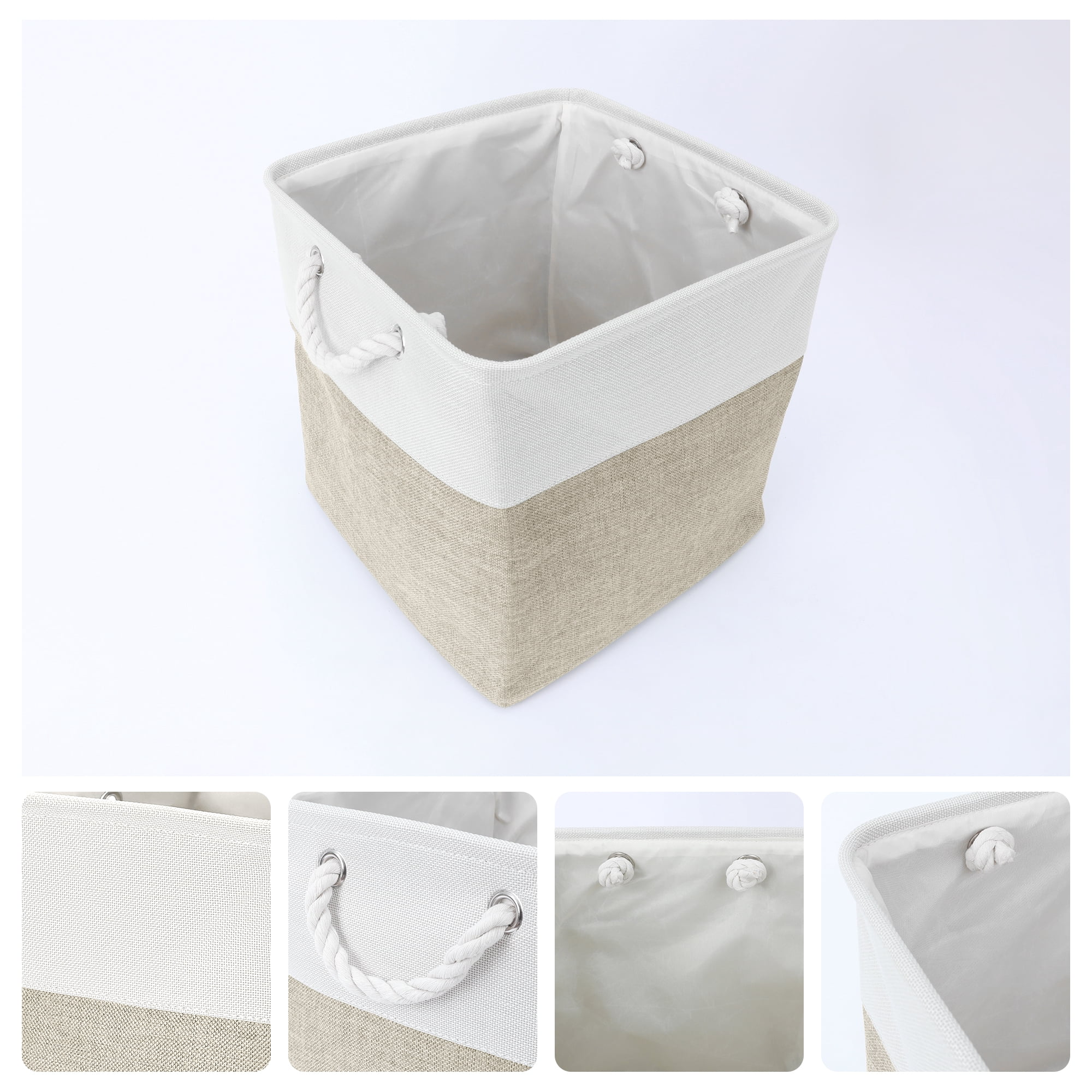 Unique Bargains Square Fabric Storage Basket Bin White/Khaki 13inch