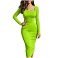 thumbnail image 2 of Karymi Solid Long Sleeve Midi Bodycon Dress, Metal O-Ring Cutout Asymmetrical Neck Side Ruched Irregular Slit Club Party Sundress Maxi Dress, 2 of 7