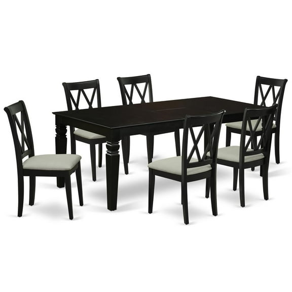 LGCL7-BLK-C 7Pc Dinette Set Includes a Rectangular Kitchen Table with Butterfly Leaf and Six Double X Back Linen Seat Dining Chairs, Black Finish