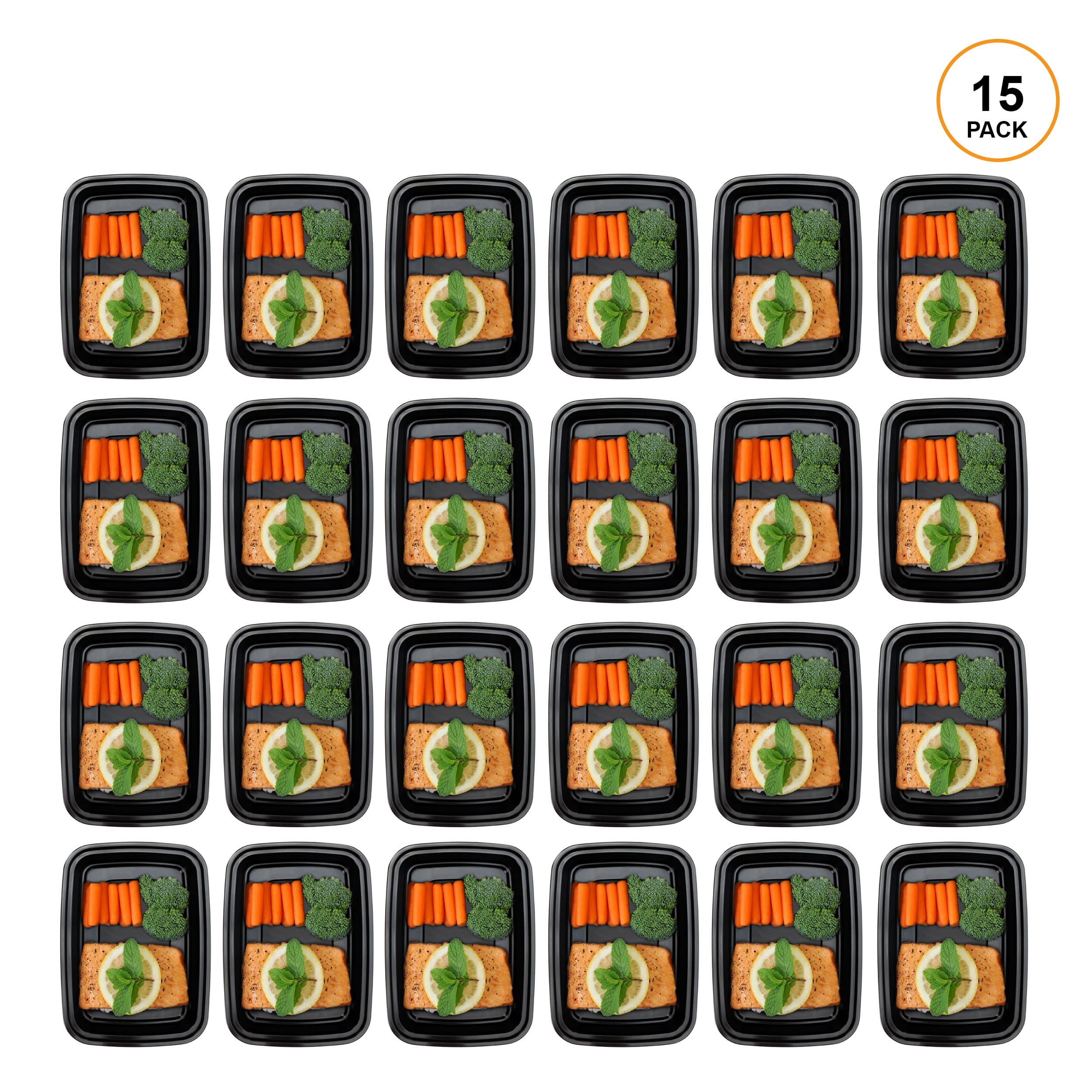 Freshware Meal Prep Containers [15 Pack] 1 Compartment Food Storage Containers with Lids, Bento Box, BPA Free, Stackable, Microwave/Dishwasher/Freezer Safe (28 oz) Black