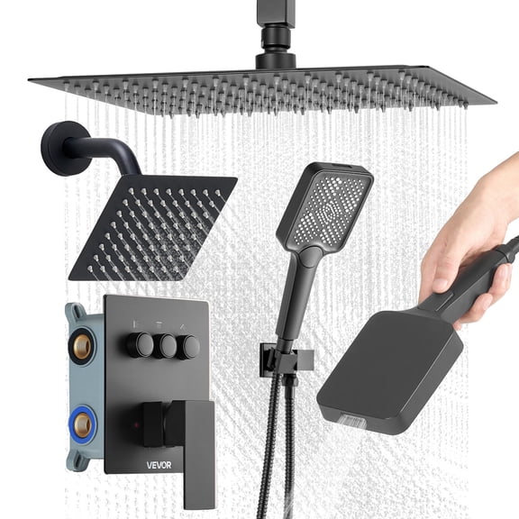 VEVOR Shower Faucet Set, 12 Inch Ceiling Mount Rainfall Shower System with 6 Inch Wall Mount Head and 4 in 1 Handheld Spray, Rotatable 3-Function Dual Rain Head Brass Valve and Trim Kit, Matte Black
