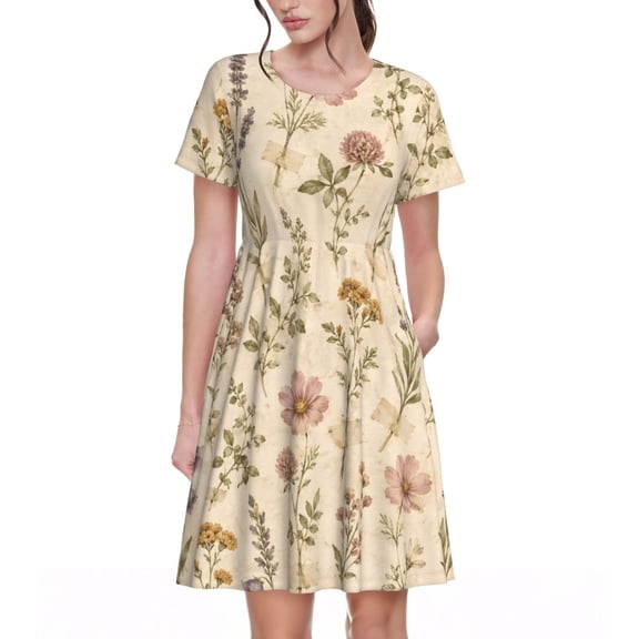 Vintage Pressed Wildflower Dresses Short Sleeve Nightdresses for Women