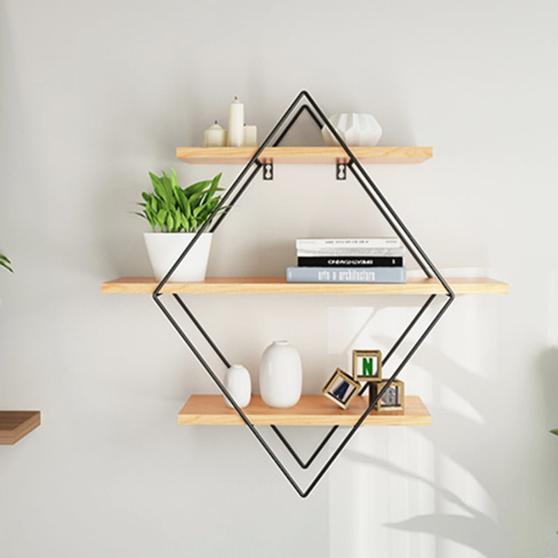 Details about   3 Tier Floating Rhombus Wall Shelves Retro Wood and Metal For Home,Rustic Decor 
