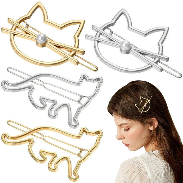 4 pinzas para el pelo con forma de gato, pasadores metálicos para el pelo, pinzas para el flequillo para mujeres y niñas.