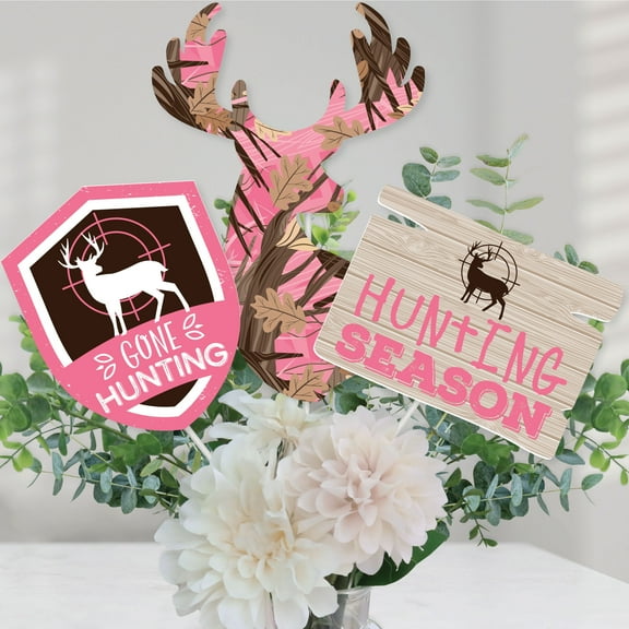 Big Dot of Happiness Pink Gone Hunting - Deer Hunting Girl Camo Baby Shower or Birthday Party Centerpiece Sticks - Table Toppers - Set of 15