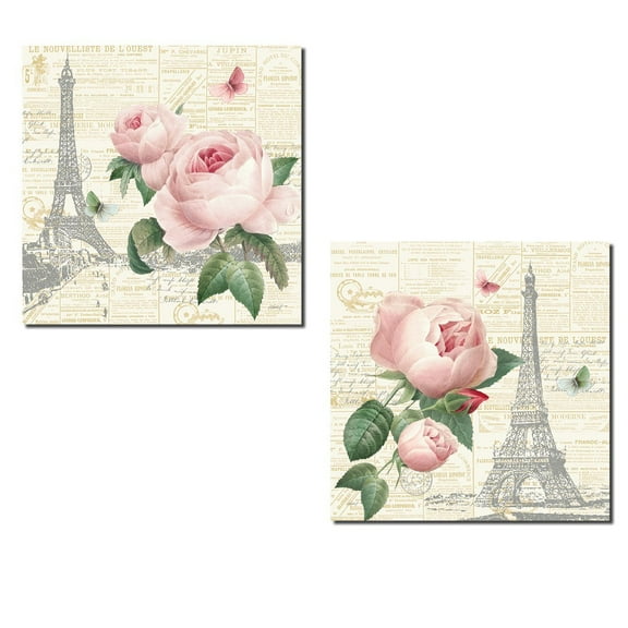 Gorgeous Pink Paris Floral Rose, Butterfly and Eiffel Tower Prints by Katie Pertiet; Two 12x12in Paper Posters. Pink/Cream/Green