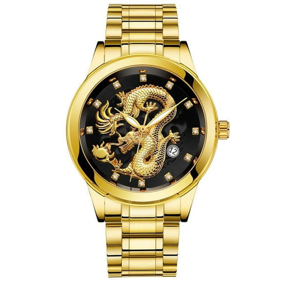 TIHLMK Watches for Men Waterproof Mens Gold Dragon Sculpture Quartz Watch Luxury Men Steel Wristwatch