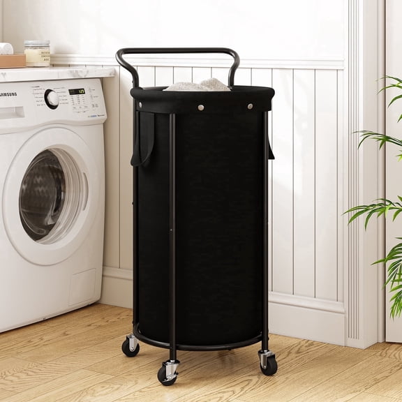BGTREND 110L Rolling Laundry Hamper with Removable Bag, Round Steel Frame and Handle, Black