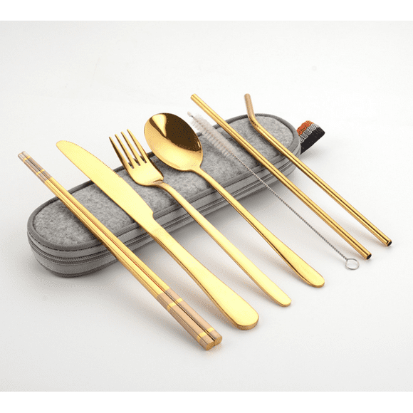 Travel Portable Utensils, Reusable Stainless Steel Utensils with Case, Portable Utensil Set for Lunch Box, 8-Piece Including Knife Fork Spoon Chopsticks Cleaning Brush Straws (Golden)