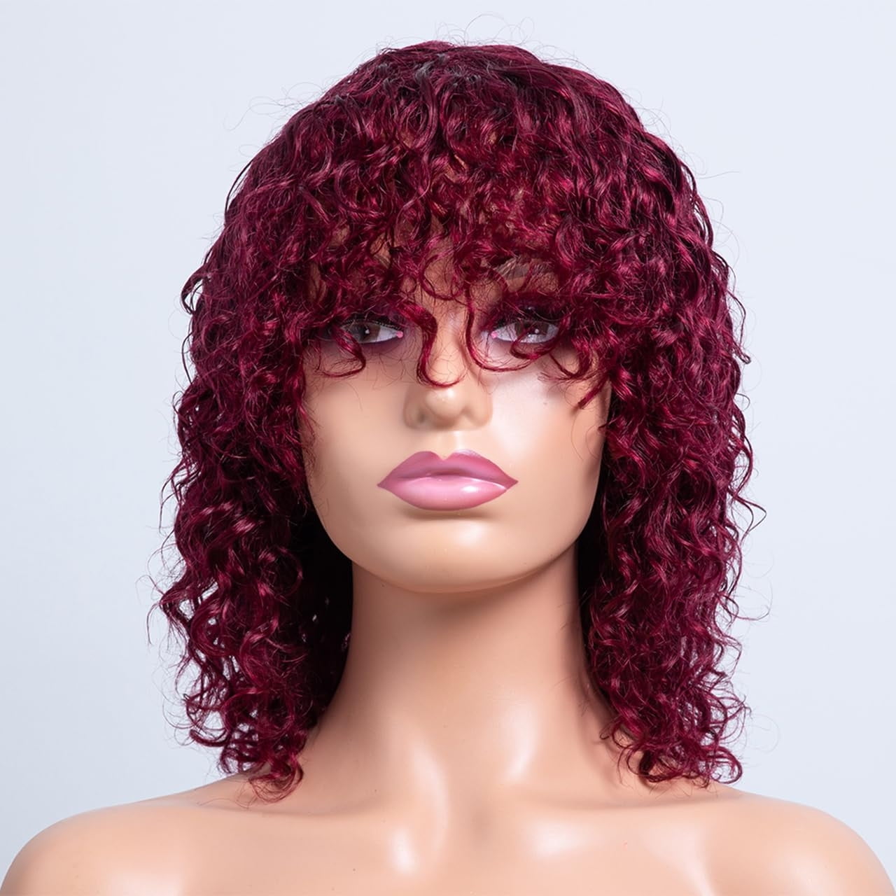 Guoxxzi Curly Bob Wig Human Hair With Bangs for black women Glueless Bob Wig Human Hair short curly wig human hair with bangs, Women's Short Curly Hair With Bangs And Small Curly Hair( Wine Red )
