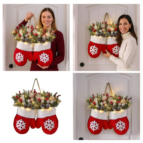 Mozhitti Christmas Mitten Wreath With LED Lights Christmas Lighted Wreath Front Door Garland Christmass Hanging For Party Wall Decoration