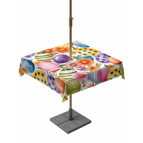 Easter Colorful Eggs Outdoor Tablecloth - 54x54 Inch Square Dining Table Cover, Farmhouse Floral Polka Dot Waterproof Outdoor Table Cloth with Umbrella Hole & Zipper for Picnic/Patio/Party