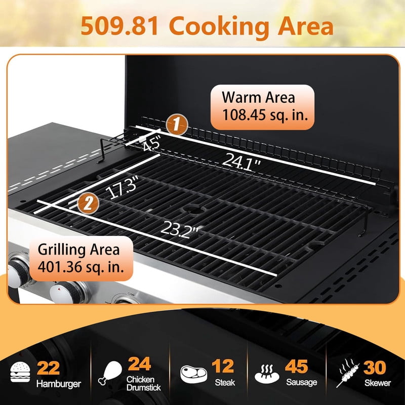 4-Burner Propane Gas Grill with Griddle Grill and Wire Enamel Grids, 49200 BTU Stainless Steel Outdoor BBQ Gill with Foldable Side Table and Hanging Basket for Backyard Barbecue