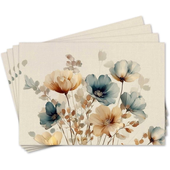 Double Side Set of 4 Watercolor Floral Fall Placemats Seasonal Autumn Harvest Table Mats for Indoor Outdoor Home Party Dining Decor Farmhouse Burlap Table Mats 12x18 Inch #WP022