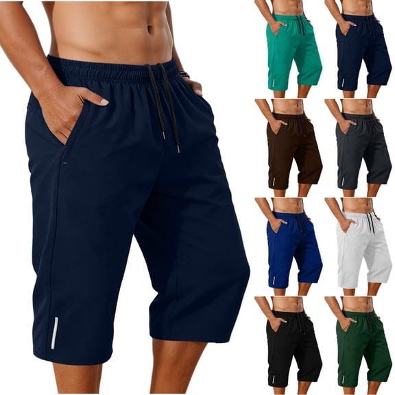 FRSASU Men's Athletic Shorts Running Capri pants Quick Dry Workout Lightweight Gym Basketball Pants with Zipper Pockets White