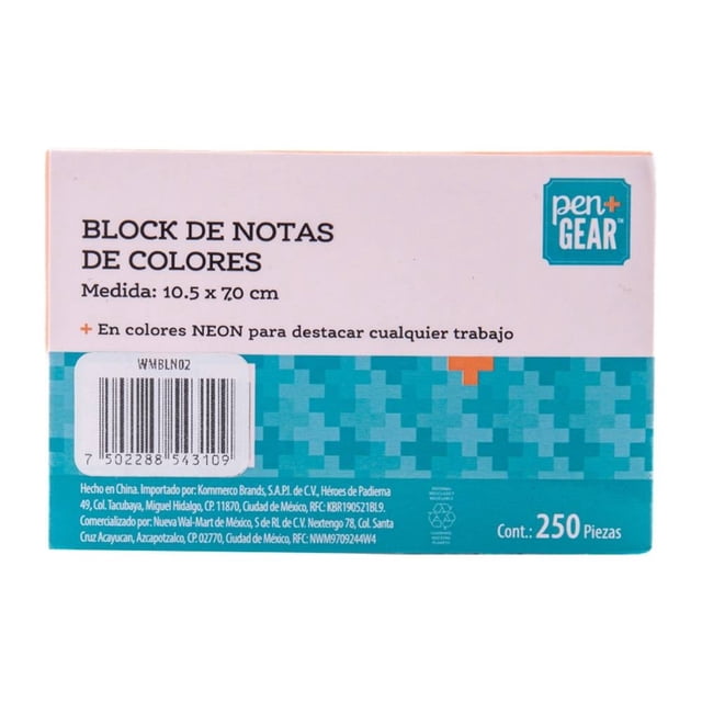 Block de notas Pen + Gear 10.5 x 7 cm 4 colores neón 250 hojas