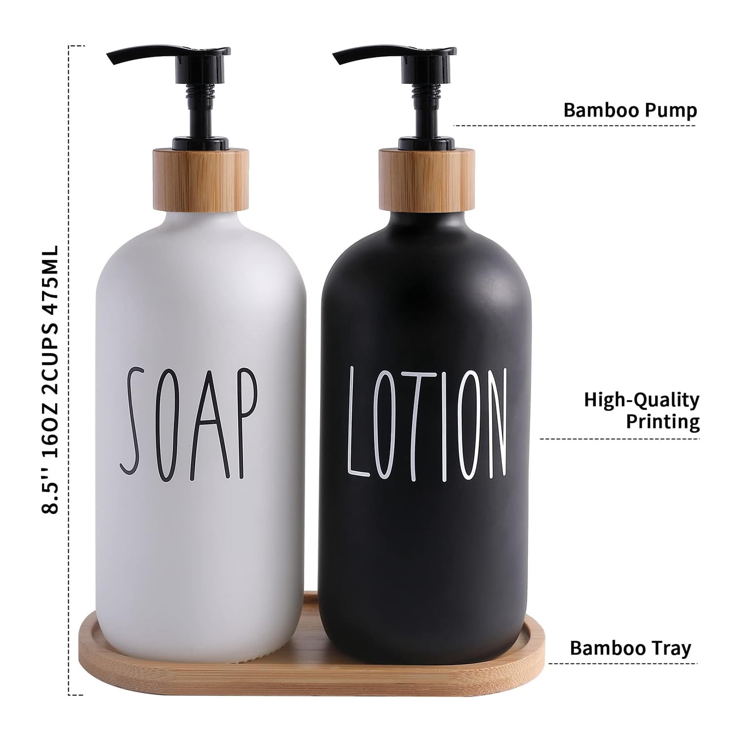 WOVTE Glass Lotion and  Soap Dispenser Set, Bathroom Soap Dispenser Set with Tray, Suitable for Bathroom Accessories, Housewarming Gift, Countertop Decor, Modern Bathroom Decor (Black&White, 16oz)