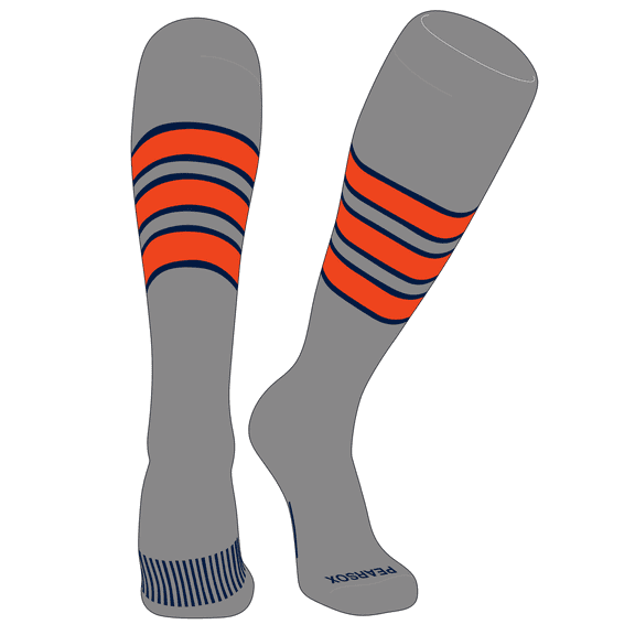 PEAR SOX Striped OTC Baseball, Softball, Football Socks (C) Silver, Navy, Orange (XS)