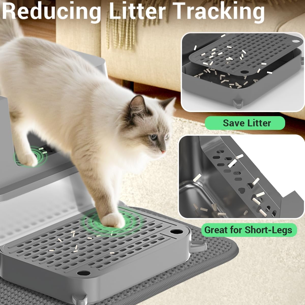 Extra Large Stainless Steel Cat Litter Box - 23.5" x 15.5" x 12" - High Sided Walls for Big Cats, Anti Urine Leakage, Odorless and Easy Cleaning - Foot Pad, Mat, Scoops & Deodorizer - XXL Litter Box