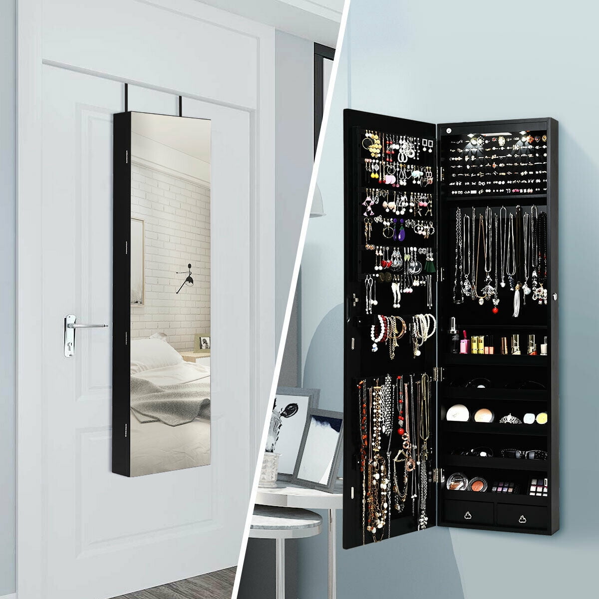 Gymax Wall & Door Mounted Mirrored Jewelry Storage Cabinet Storage with Lights & Drawer Black