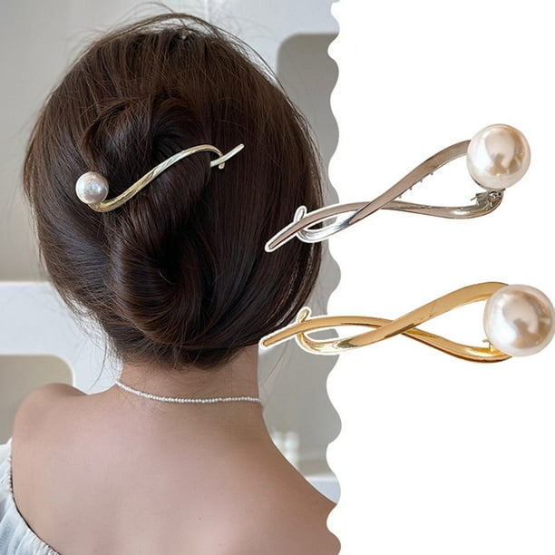 Trayknick Women Hair Stick Curved Faux Pearl Jewelry Japan Korean Style Hair Clip Hair Accessories Golden