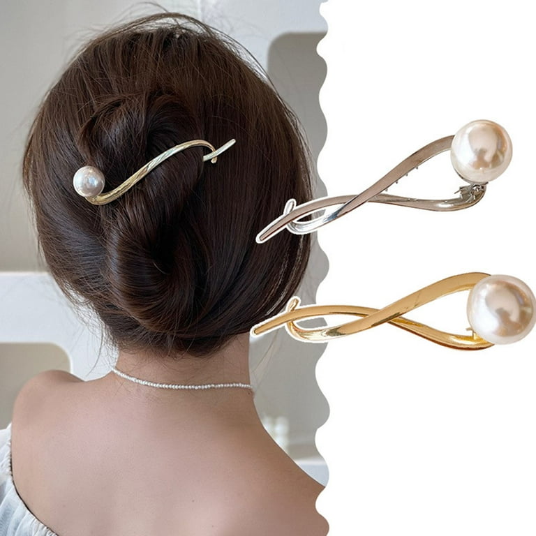 Ayyufe Women Hair Stick Curved Faux Pearl Jewelry Japan Korean Style Hair Clip Hair Accessories, Size: One size, Silver