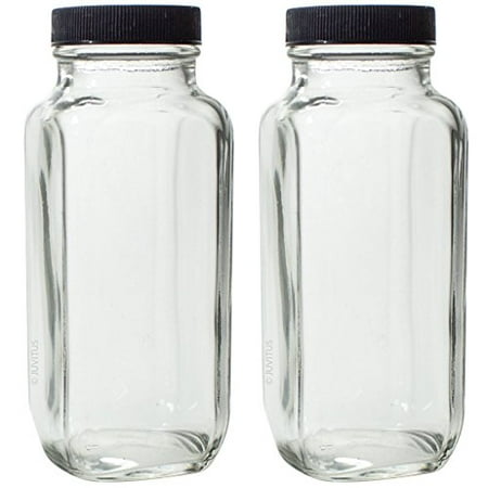 Glass French Thick Plated Square Empty Bottle Jar with Lid - Pack of 2 8 oz