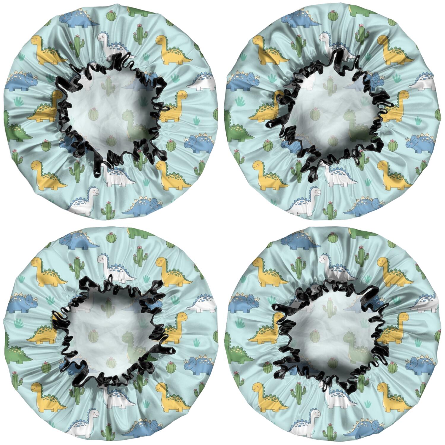 Shower Caps,LightBlue Cartoon Dinosaurs Cacti Pattern Waterproof Shower Cap for Women 4 Pieces,Double Reusable Hair Cover for Shower PEVA Elastic Stretch Hem