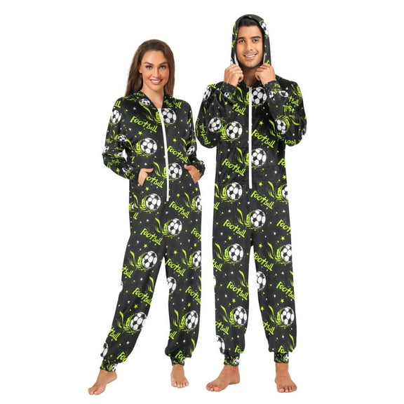 Adult Christmas Onesie Green Splash Football Pattern Zipper One-Piece Pajamas Unisex with Pockets