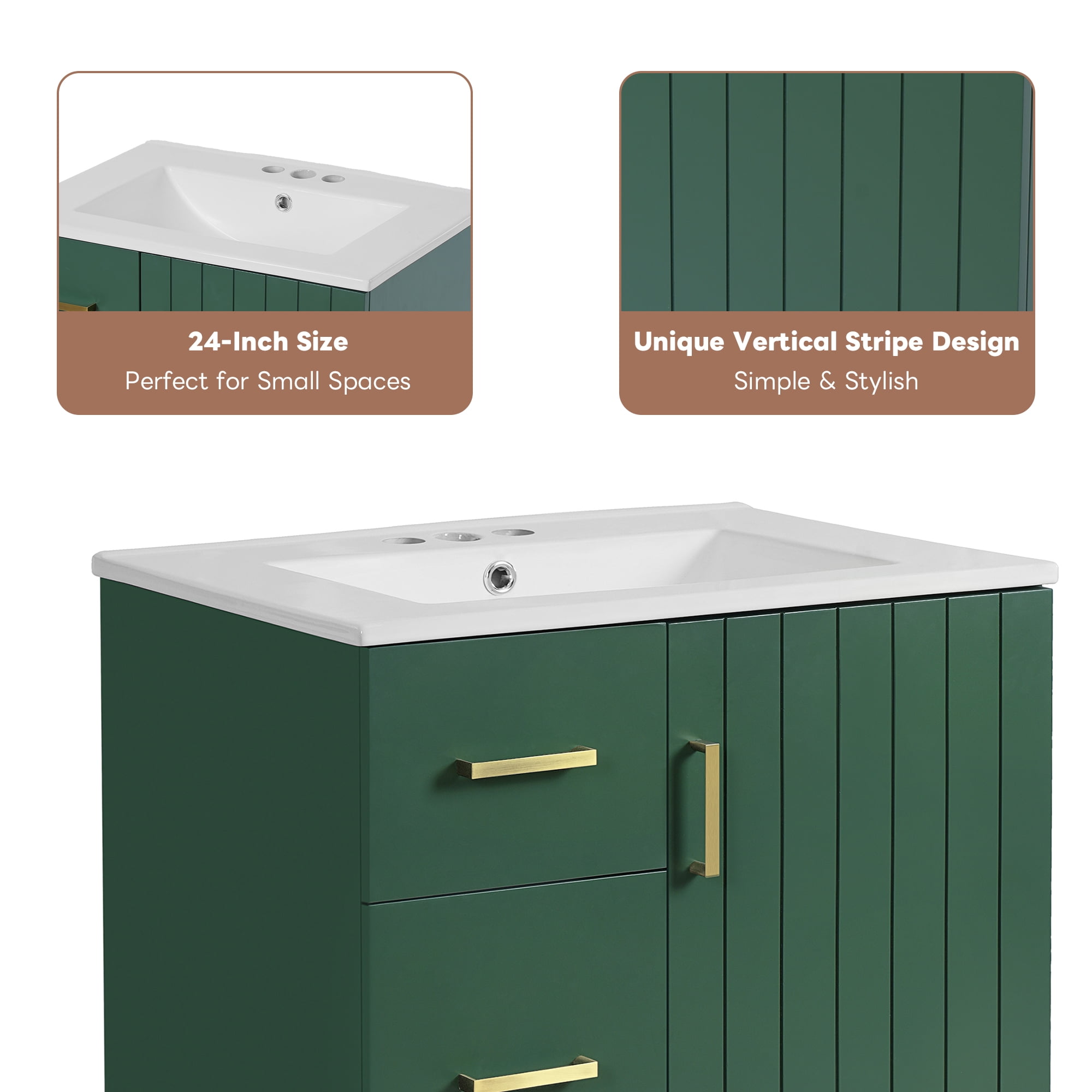 Euroco 24-Inch Bathroom Vanity with Vertical Fluted Design, Undermount Sink, Soft-Close Drawers & Door – Compact Storage Cabinet for Small Spaces