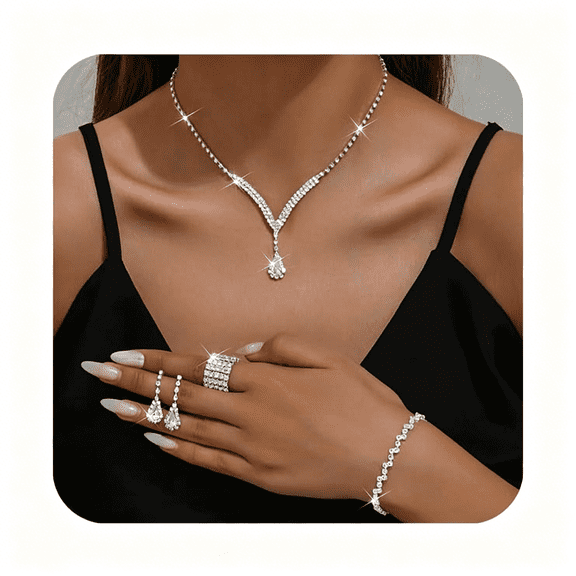 DESIGNICE Bridal Wedding Jewelry Set Silver Rhinestone Necklace Earrings Sets Formal Costume Jewelry for Women and Brides Silver Jewelry Set for Women