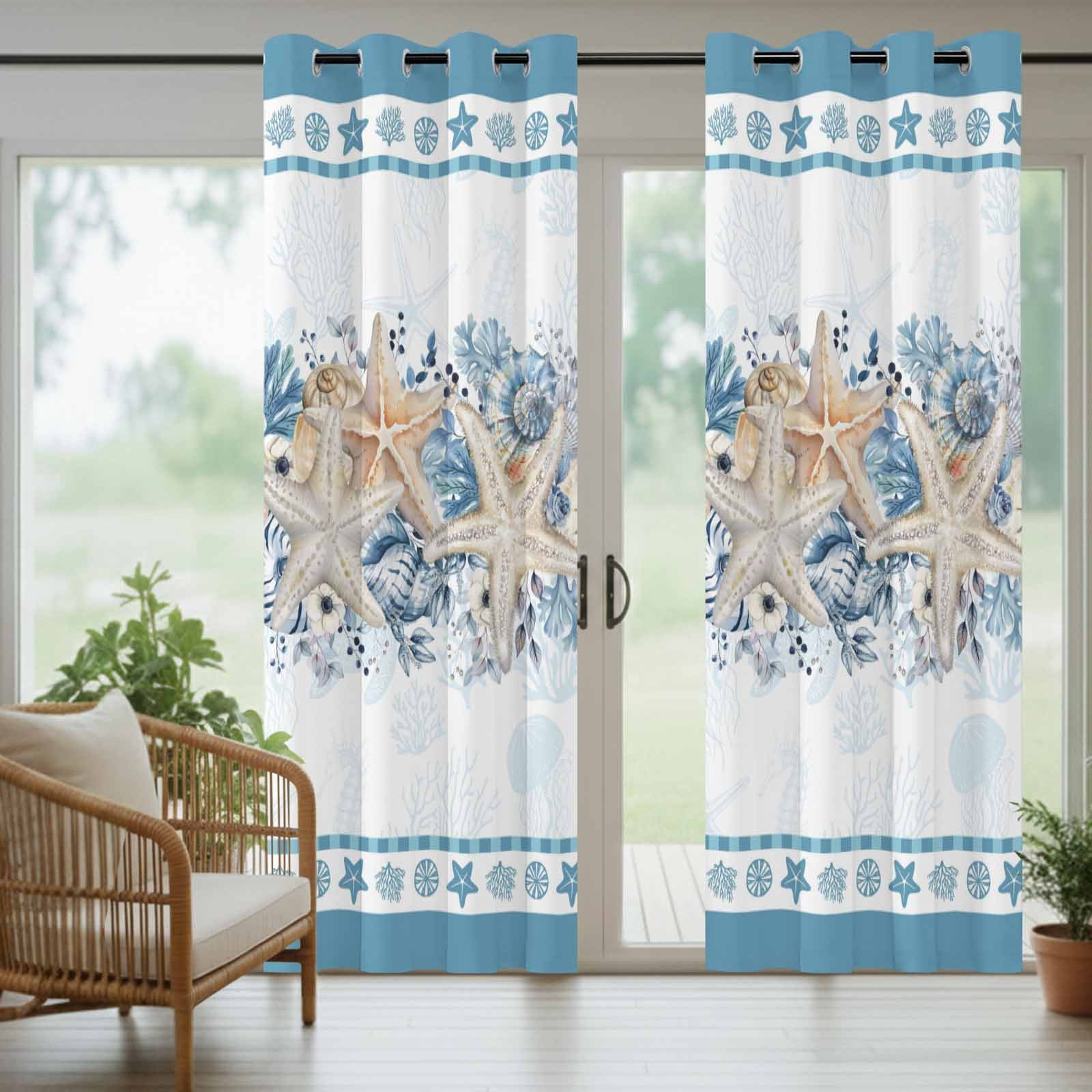 Blue Coastal Outdoor Curtains for Patio, Eucalyptus Leaves Starfish Shells Summer Sunshade Privacy Drapes Grommet Waterproof Outside Curtains for Porch/Cabana/Balcony 54"x 108", 1 Panel