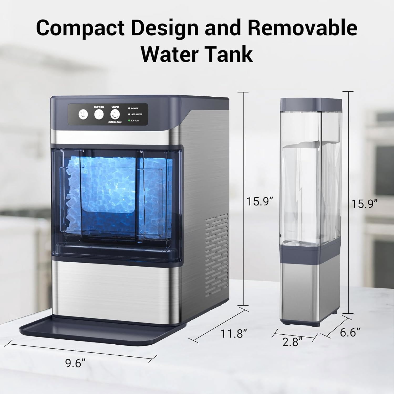 Nugget Ice Maker Countertop with 0.8Gal Removable Tank, 44Lbs/24H, One-Touch Fast Ice in 6 Mins, Self-Cleaning & Ultra Quiet for Home/Office/Party