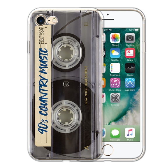 FINCIBO Soft TPU Clear Case Slim Protective Cover for Apple iPhone 7/8 4.7", Retro Cassette Tape Country Music