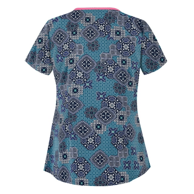 Pompotops Femmes Mode Fleur Impression Manches Courtes Col Haut Travail Uniforme Chemisier Chemise