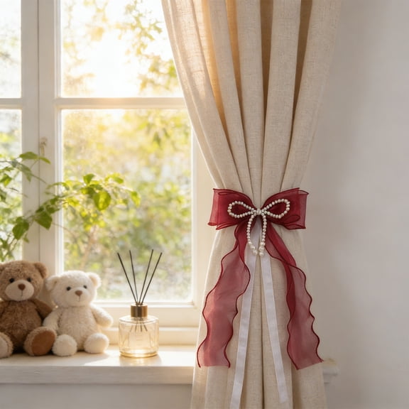Cinvoph 1pcs Elegant Pearl Bow Curtain Tieback Decorative Drapes Holdback for Wedding Home Holiday Curtains Decoration 27"x17" Wine