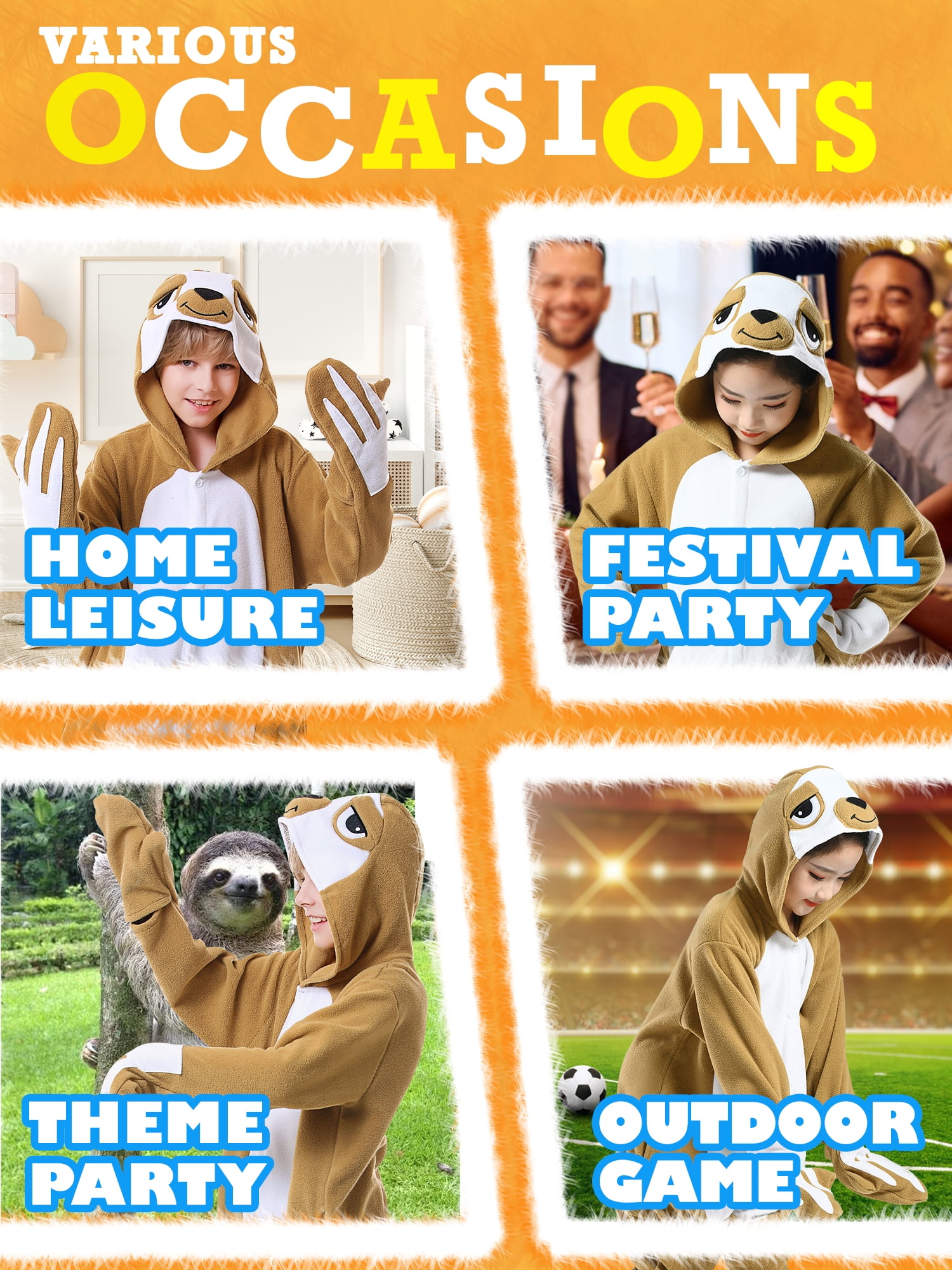 Sloth Onesie Pajama Kids Unisex Animal Costumes Polyester One-Piece Sleepwear for Boys and Girls 10-12Years