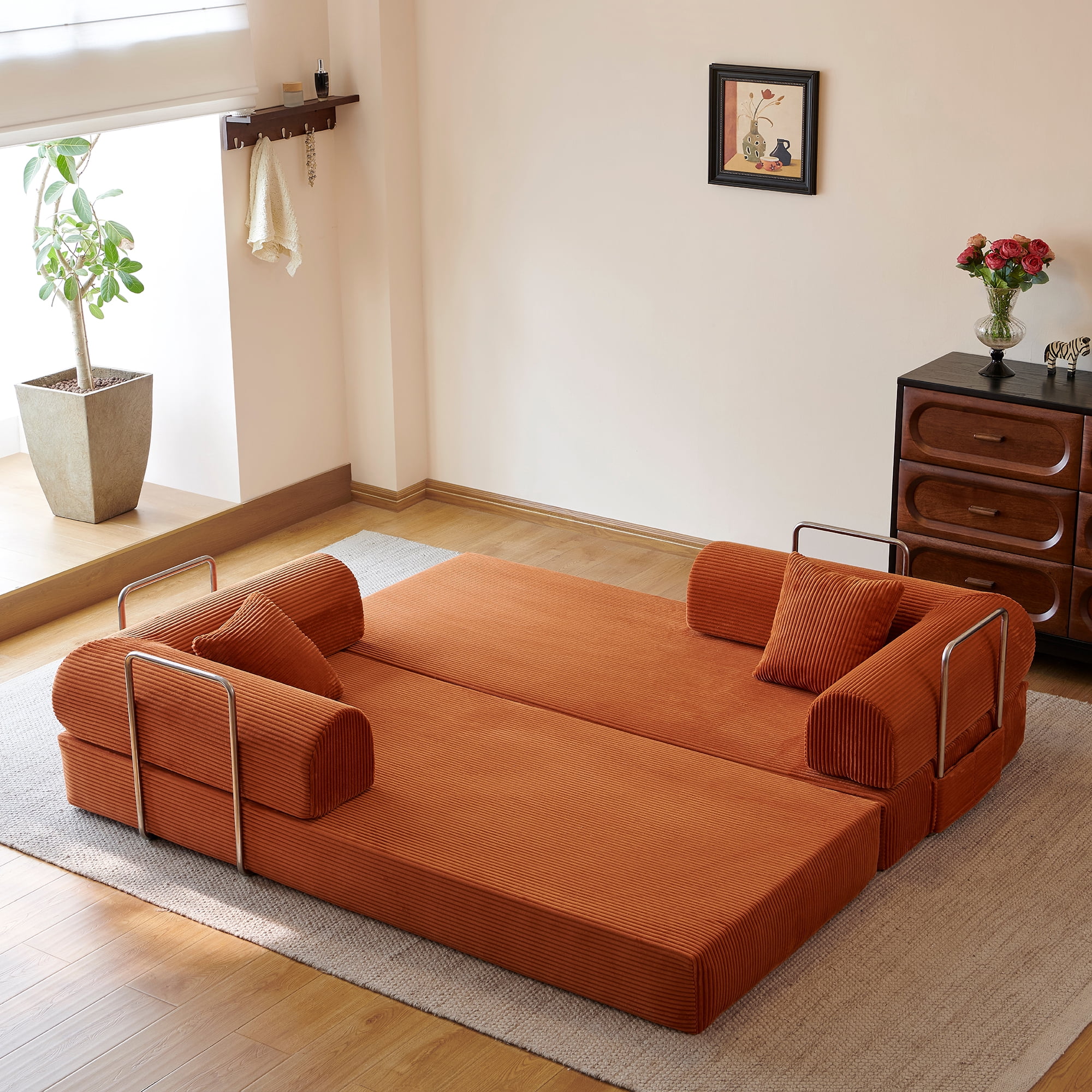 Howcool 79" Boneless Sleeper Sofa Bed, 2-in-1 Pull Out Convertible Loveseat Couch with 2 Throw Pillows, Corduroy Futon Floor Sofa for Living Room, No Assembly Required, Tangerine