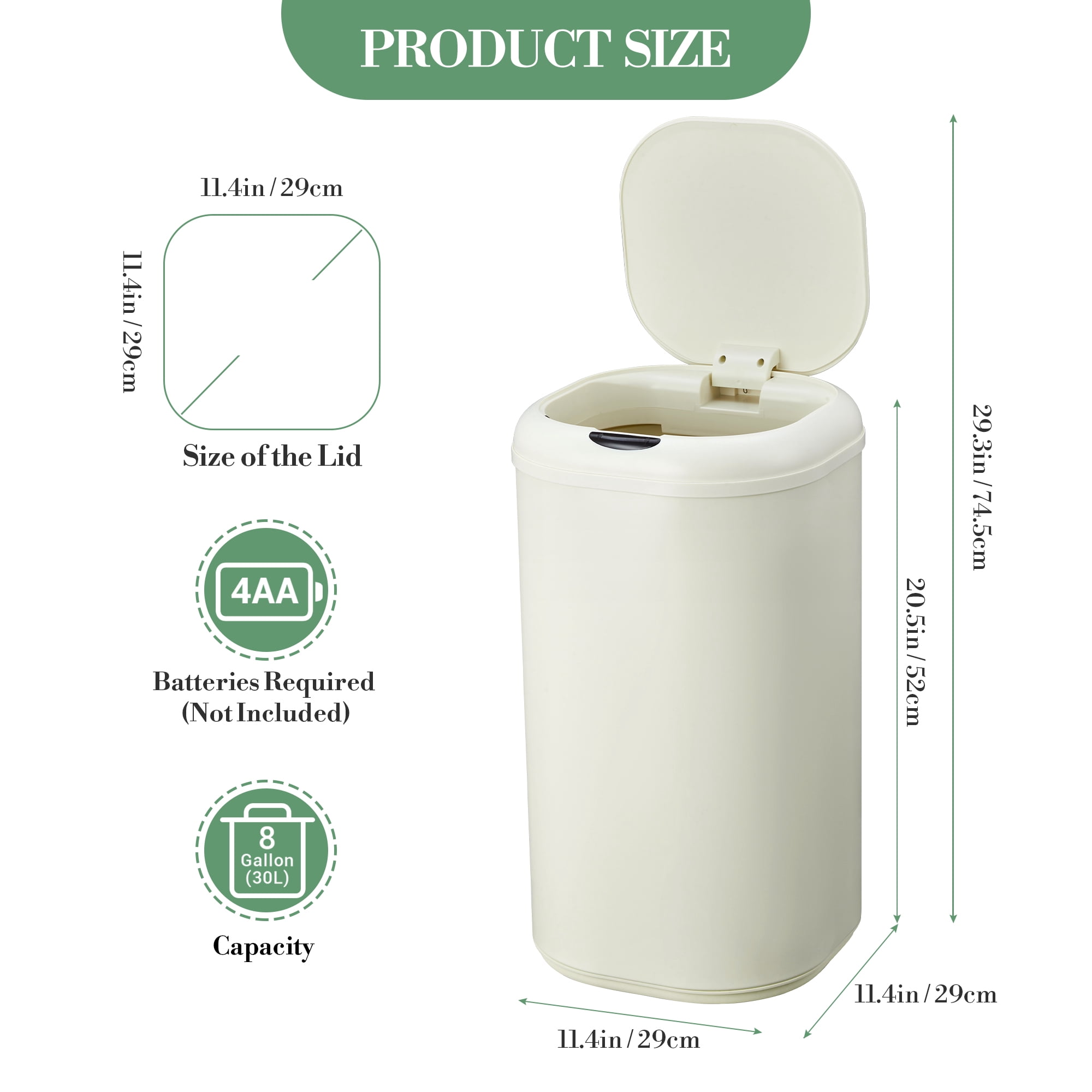 8 Gallon Motion Sensor Kitchen Trash Can, Smart Stainless Steel Garbage Can with Lid, Touchless Automatic Cylindrical Waste Bin for Bathroom, Living Room, Home Office, Beige