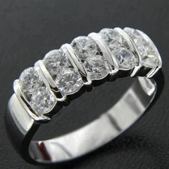 2Ct Round Cut Simulated Diamond Bnad Two Row Women's Engagement Wedding Ring 14k White Gold Plated 925 Silver