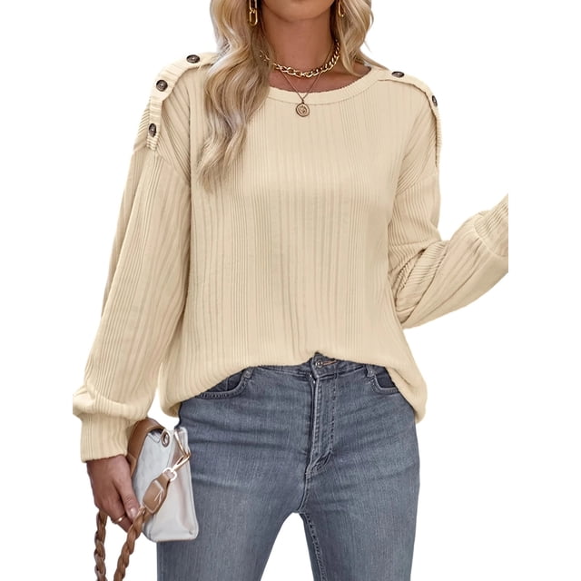 Fankiway Chemises à Manches Longues pour Femmes Haut Décontracté Uni Chaud à Manches Longues Haut/chemise à Manches Longues à Col Rond Beige G pour Femmes